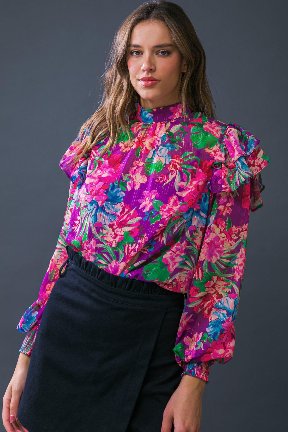 Makes Me Happy Woven Top Long Sleeve High Neck With Smocked Cuffs