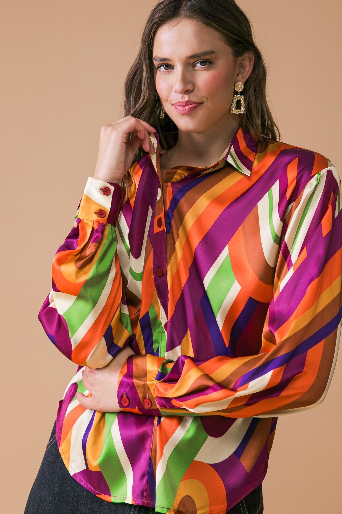 Something Special Printed Woven Top Shirt Collar Button Down And Long Sleeve
