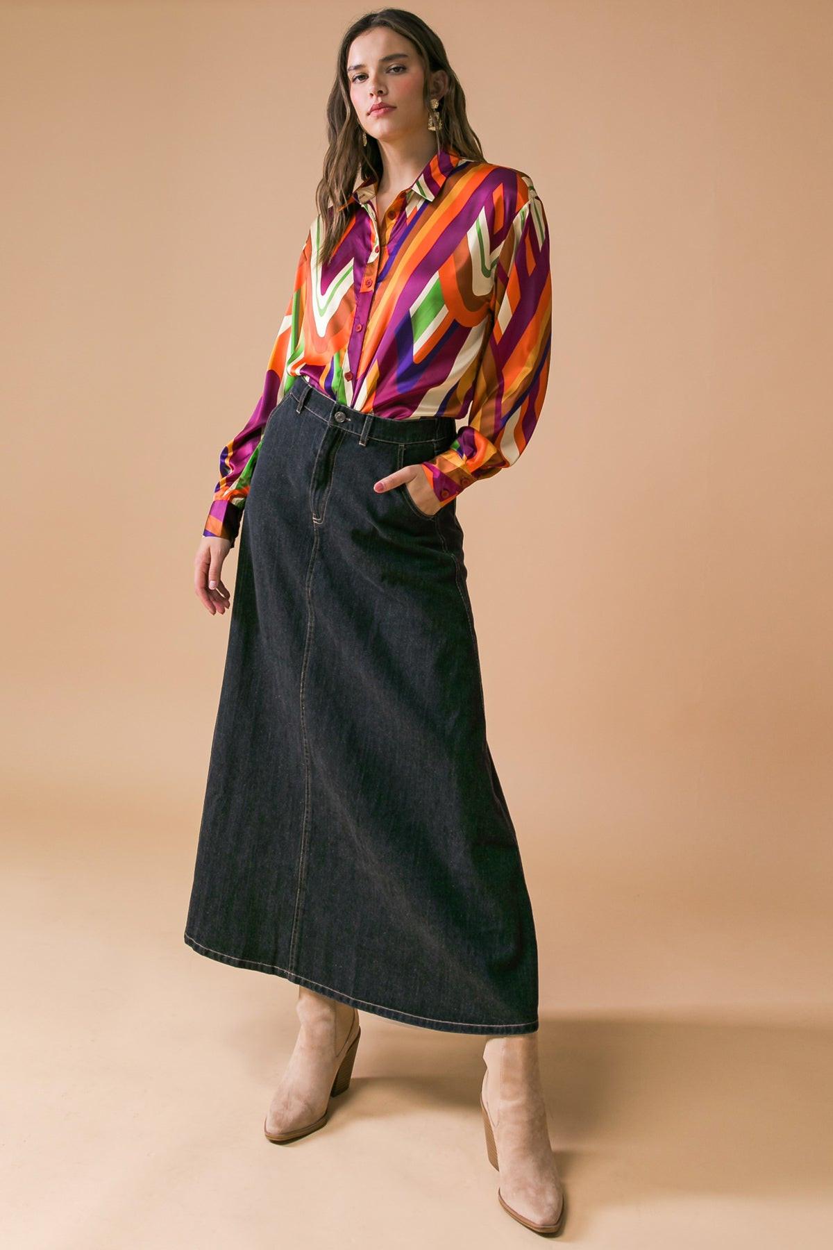 Something Special Printed Woven Top Shirt Collar Button Down And Long Sleeve