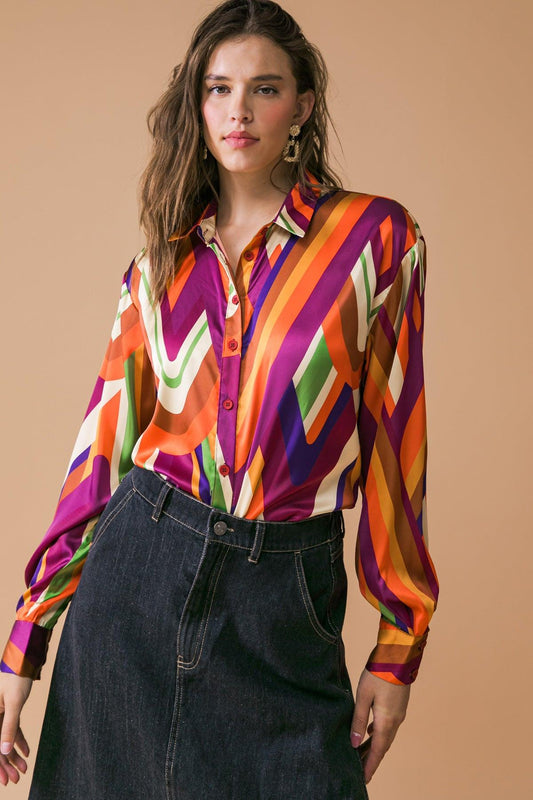 Something Special Printed Woven Top Shirt Collar Button Down And Long Sleeve