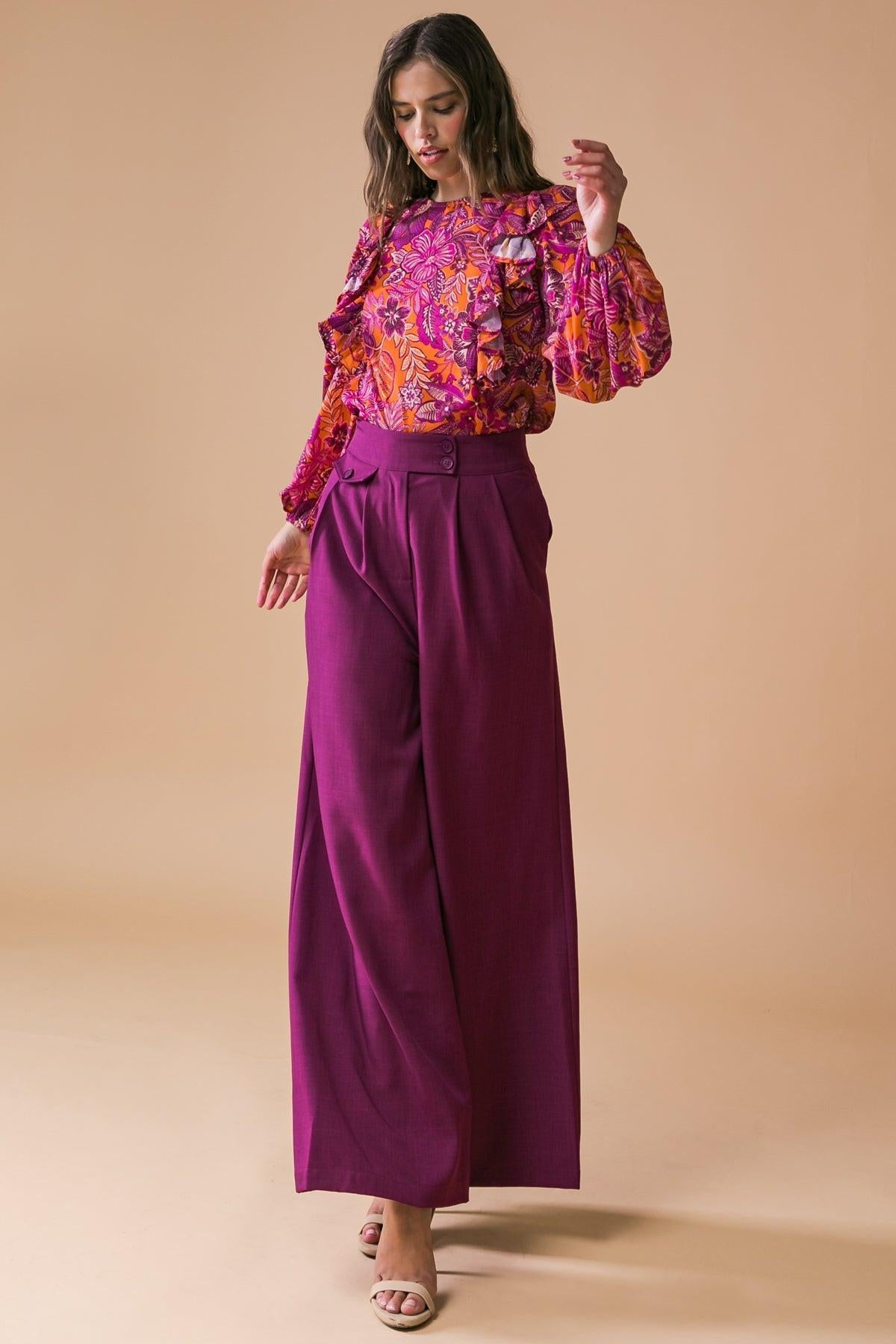 Ready For What's Next Printed Woven Top With Long Sleeve Neckline And Ruffle
