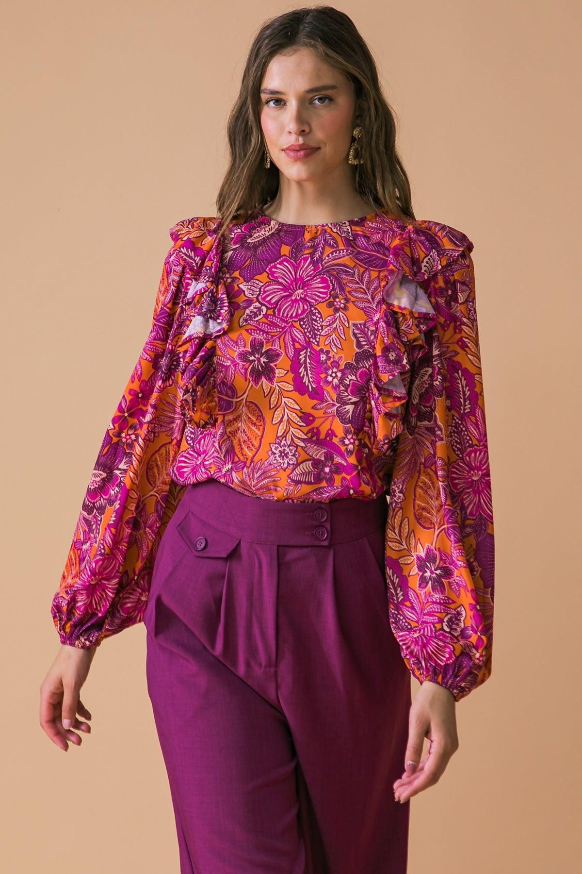 Ready For What's Next Printed Woven Top With Long Sleeve Neckline And Ruffle