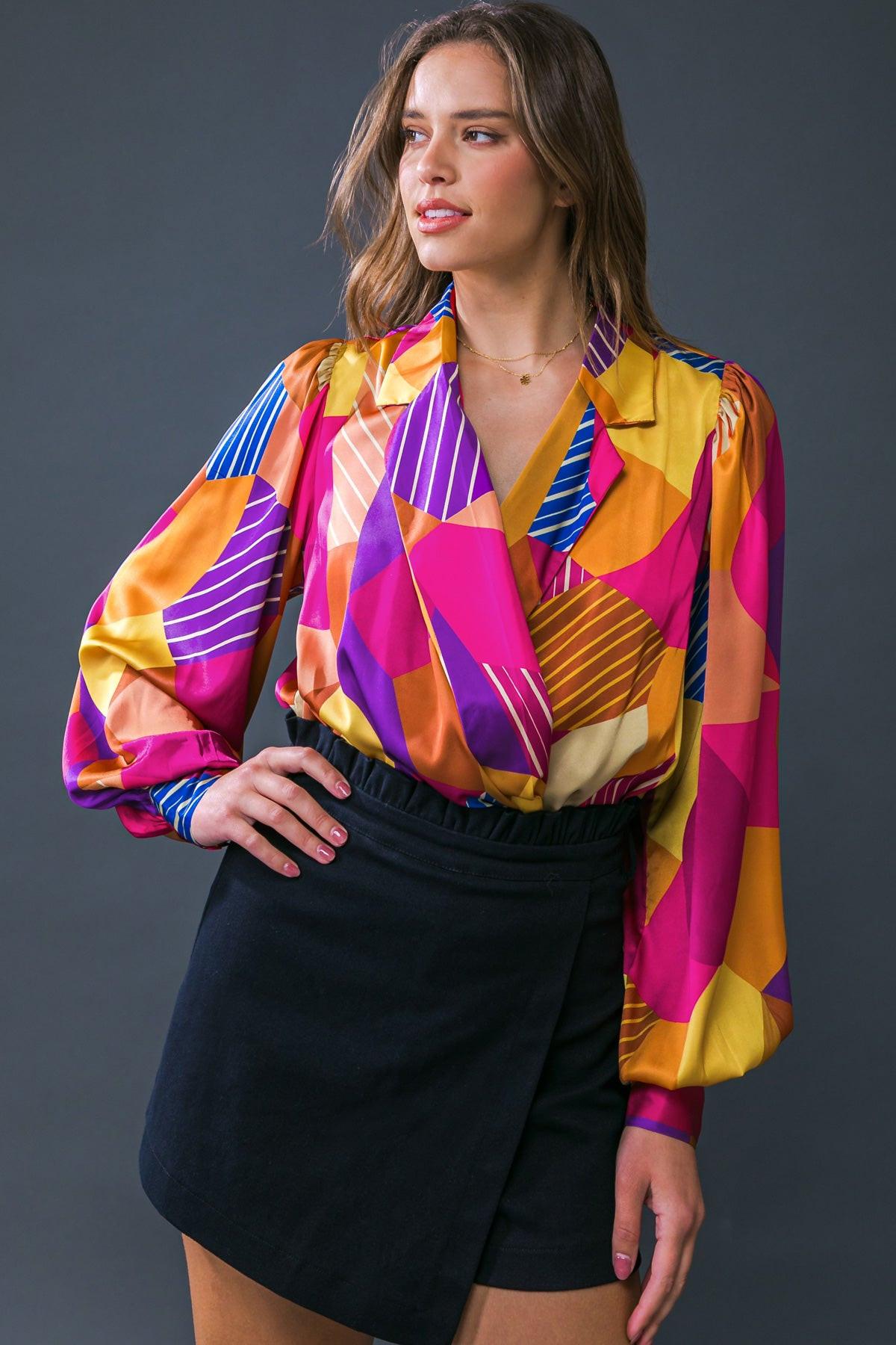 New In Town Woven Bodysuit With Blazer Collar And Surplice Neckline