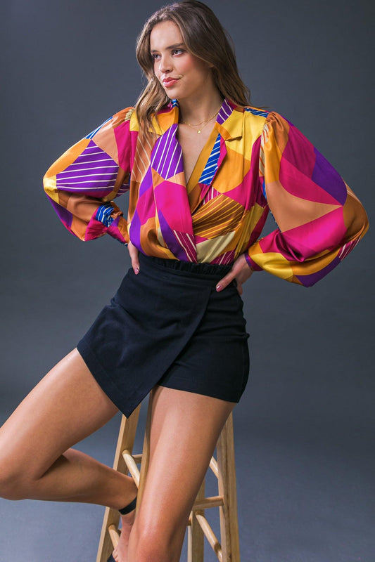 New In Town Woven Bodysuit With Blazer Collar And Surplice Neckline