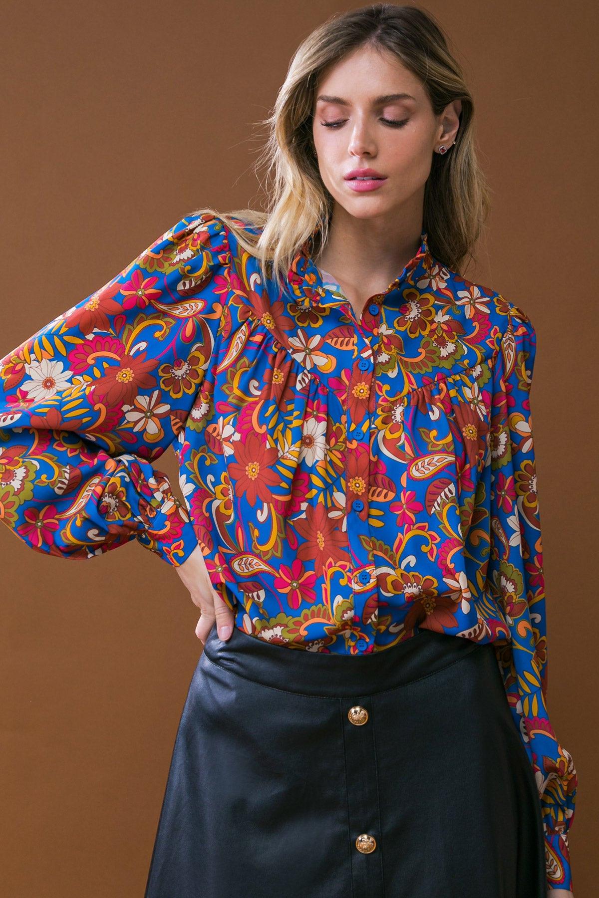 Impressive Blossom Woven Top With Ruffled Neckline And Floral Print