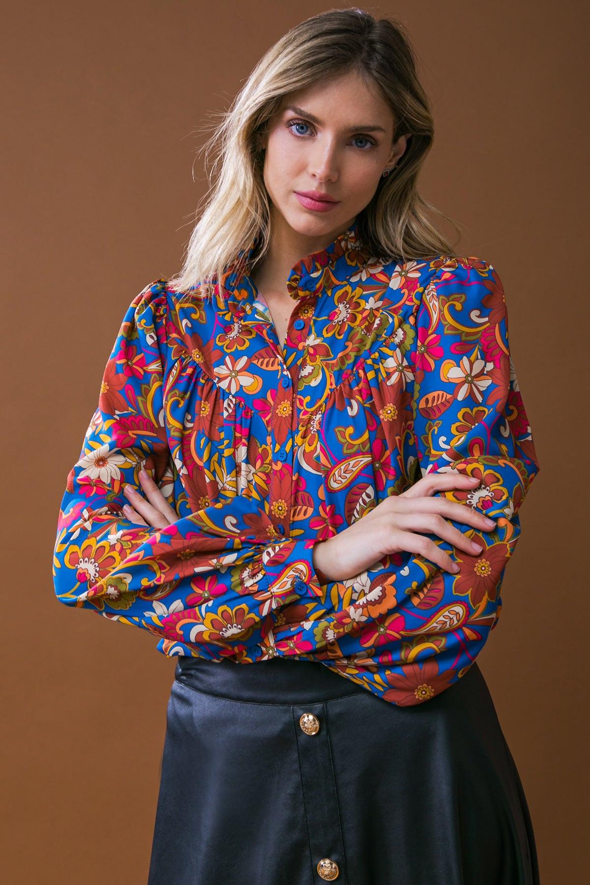Impressive Blossom Woven Top With Ruffled Neckline And Floral Print
