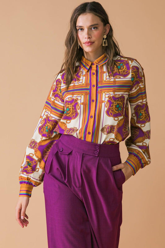 Make Today Great Printed Woven Top With Front Tie And Ruffled Neckline