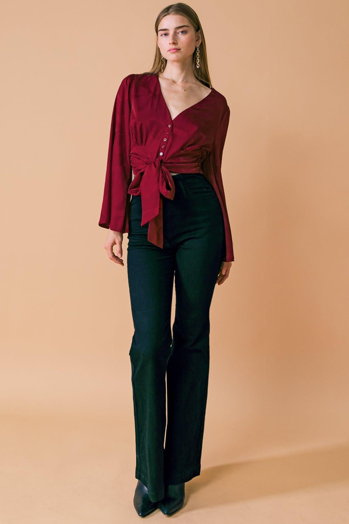 The Right Addition Jacquard Woven Top With Button Down And V Neckline