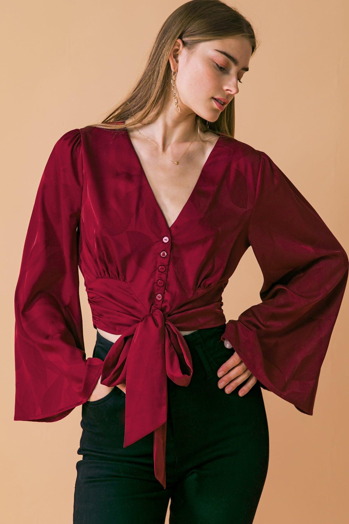 The Right Addition Jacquard Woven Top With Button Down And V Neckline