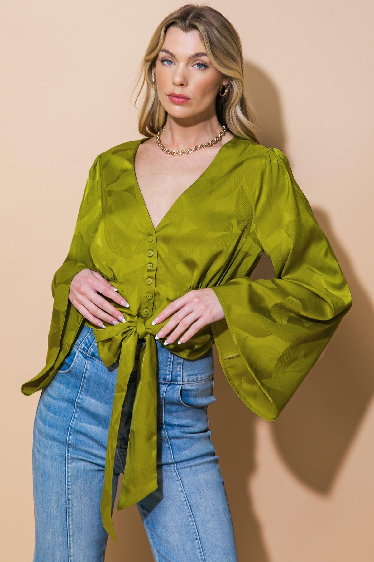 The Right Addition Jacquard Woven Top With Button Down And V Neckline