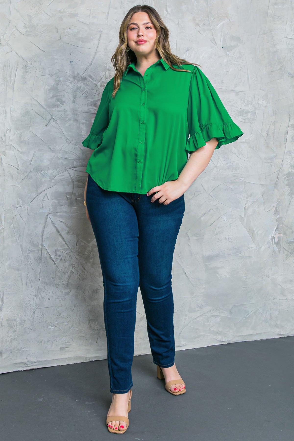 Back to Business Woven Top Shirt Collar Bell Sleeve Blouse For Work