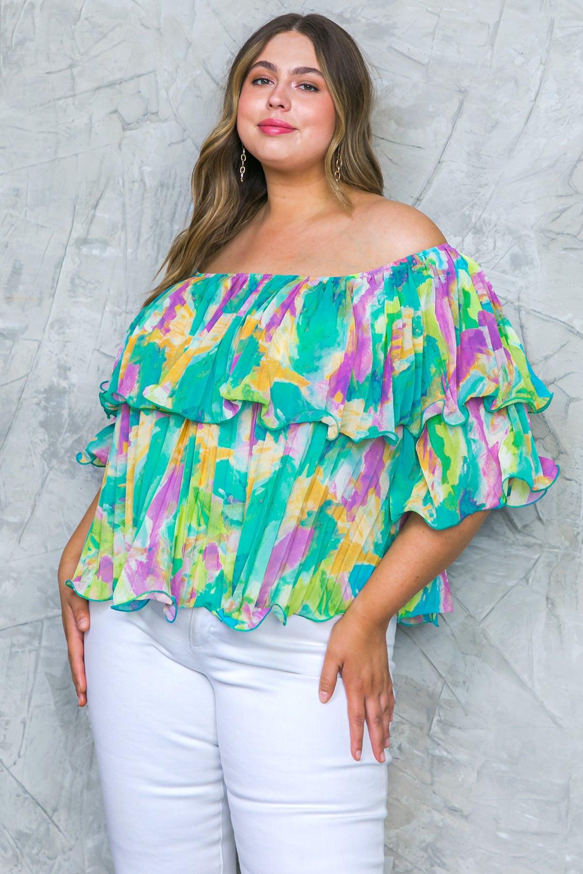 Magnolia Santa Caterina Woven Top Off Shoulder Flounce Pleated Bodice