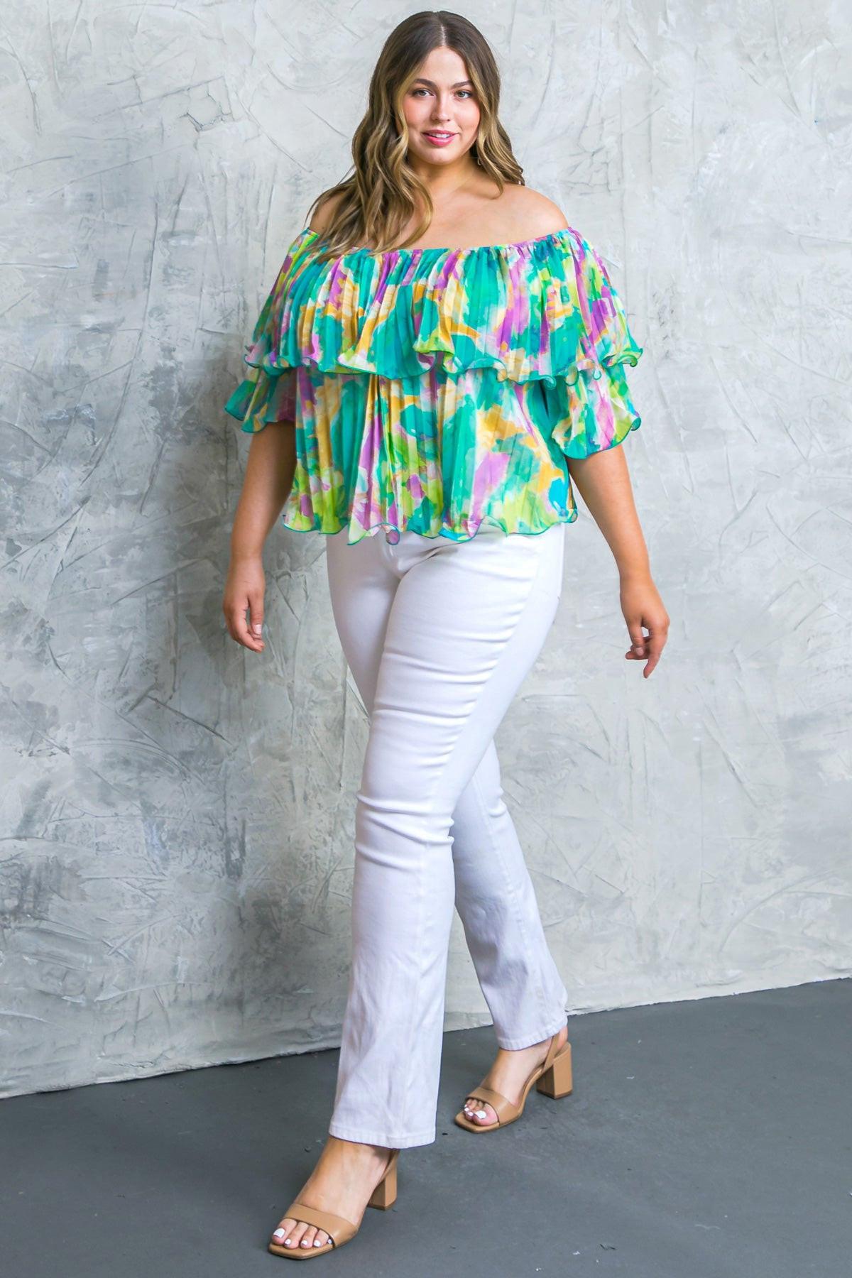 Magnolia Santa Caterina Woven Top Off Shoulder Flounce Pleated Bodice