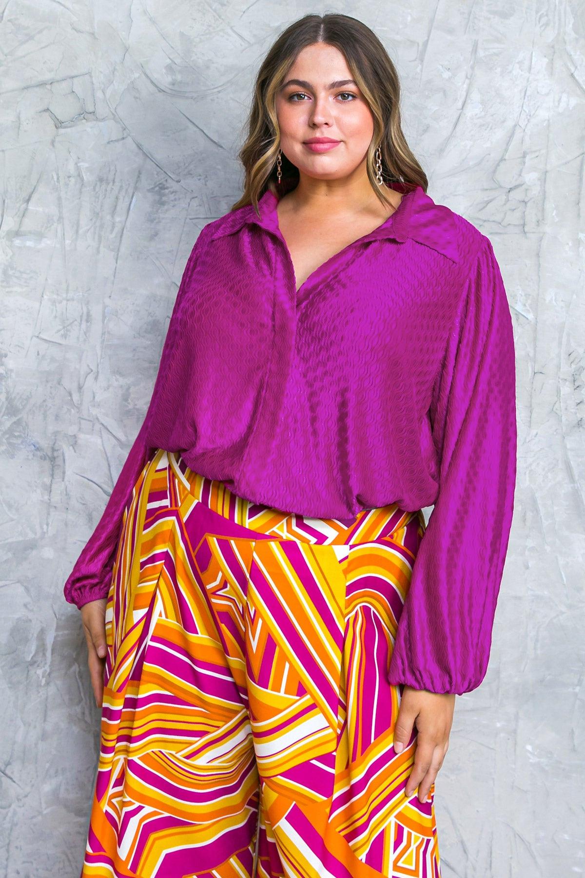 Regal Romance Woven Top with Shirt Collar Long Sleeves Elastic Waist