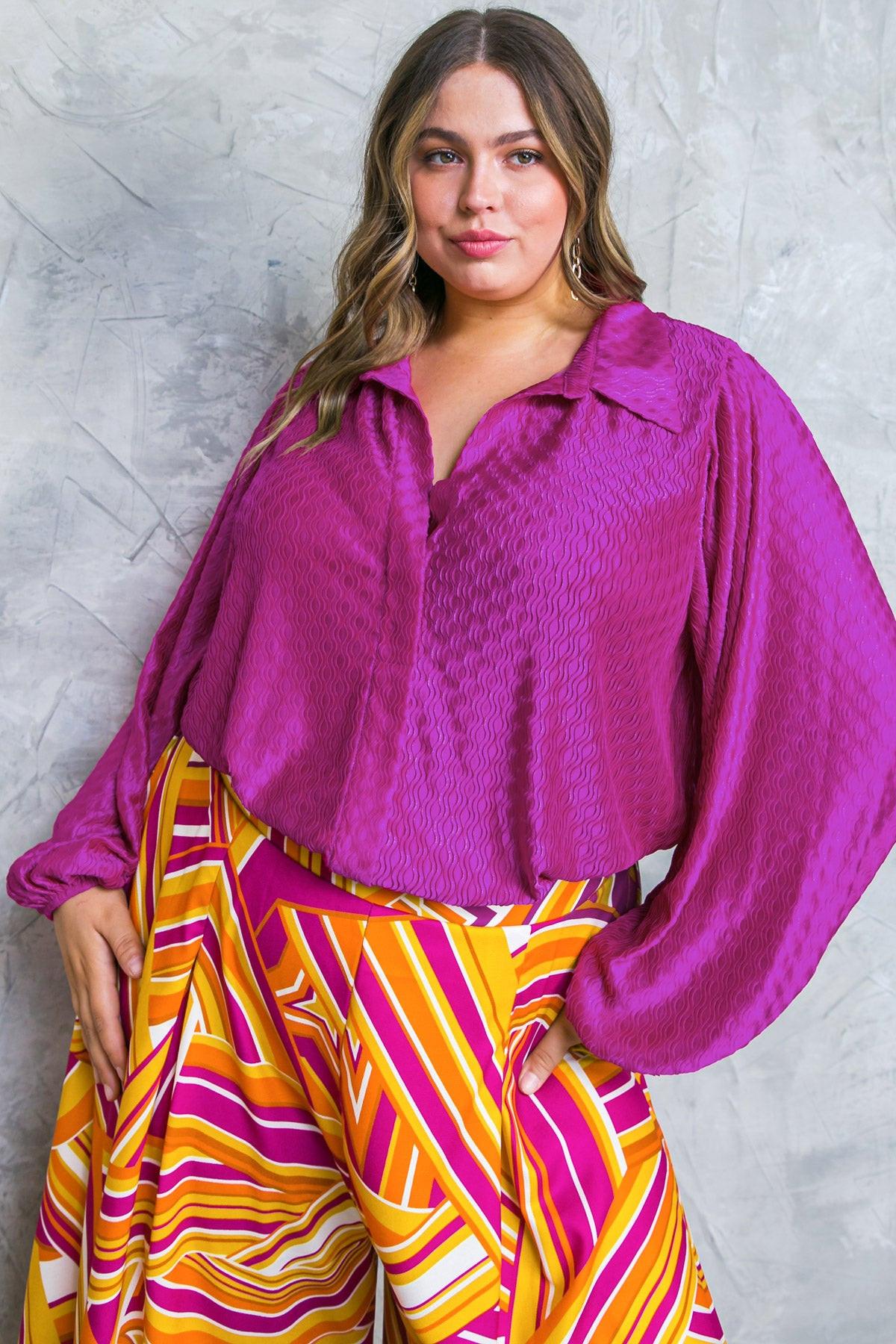 Regal Romance Woven Top with Shirt Collar Long Sleeves Elastic Waist