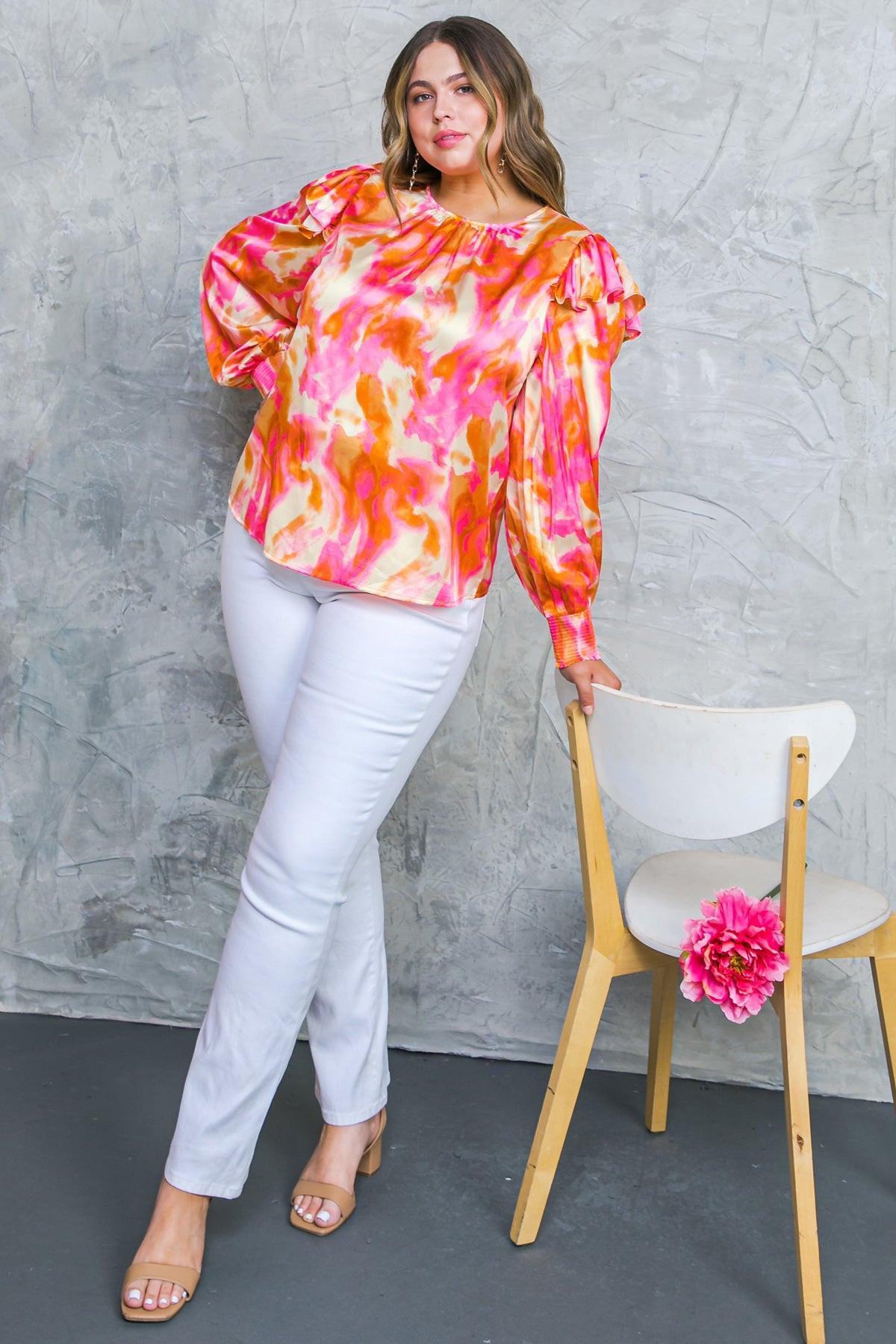 Feeling Spice Woven Top With Round Neckline And Ruffle Shoulder Detail