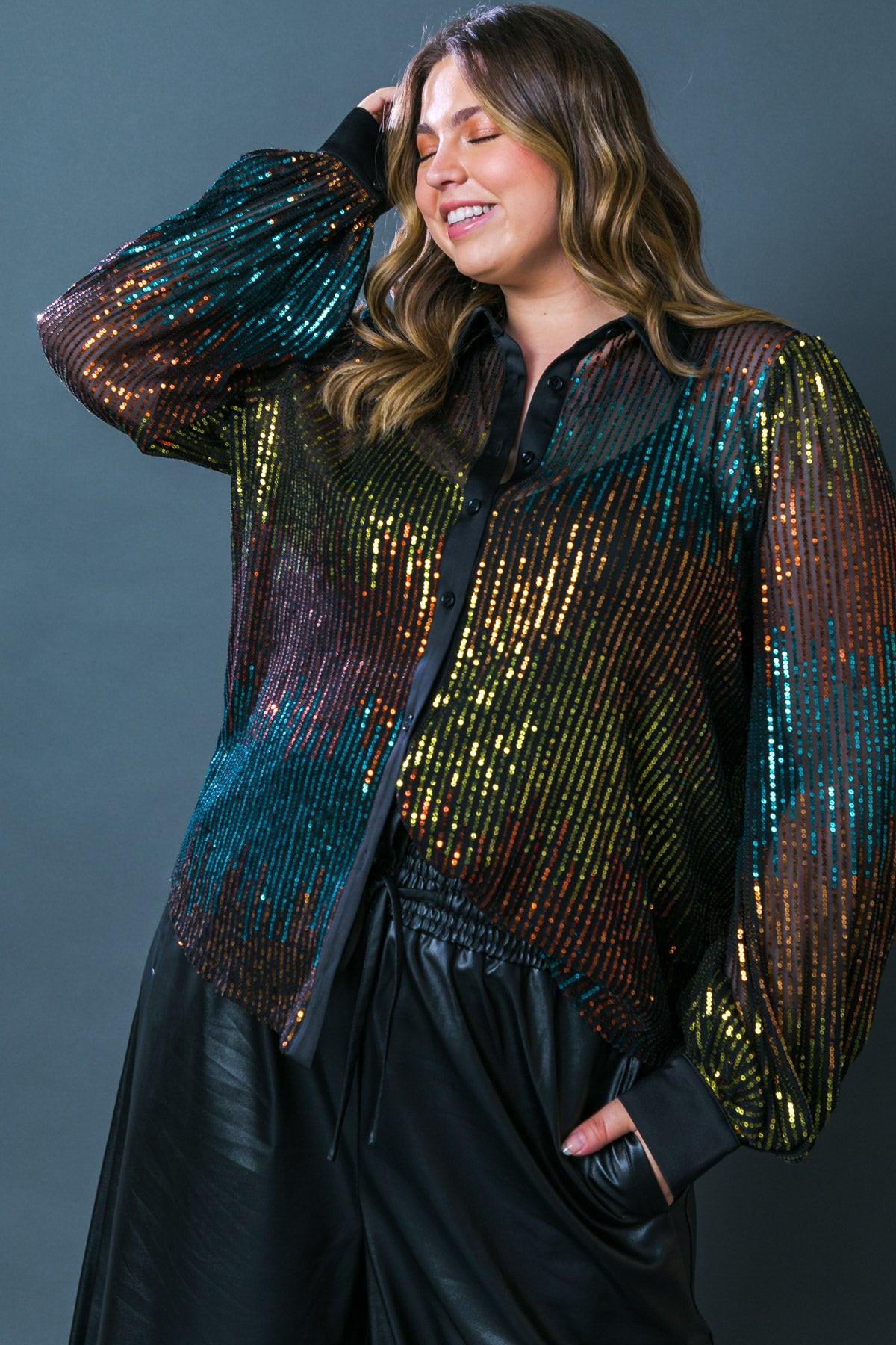 Cause a Commotion Sequin Blouse with Shirt Collar and Button Front