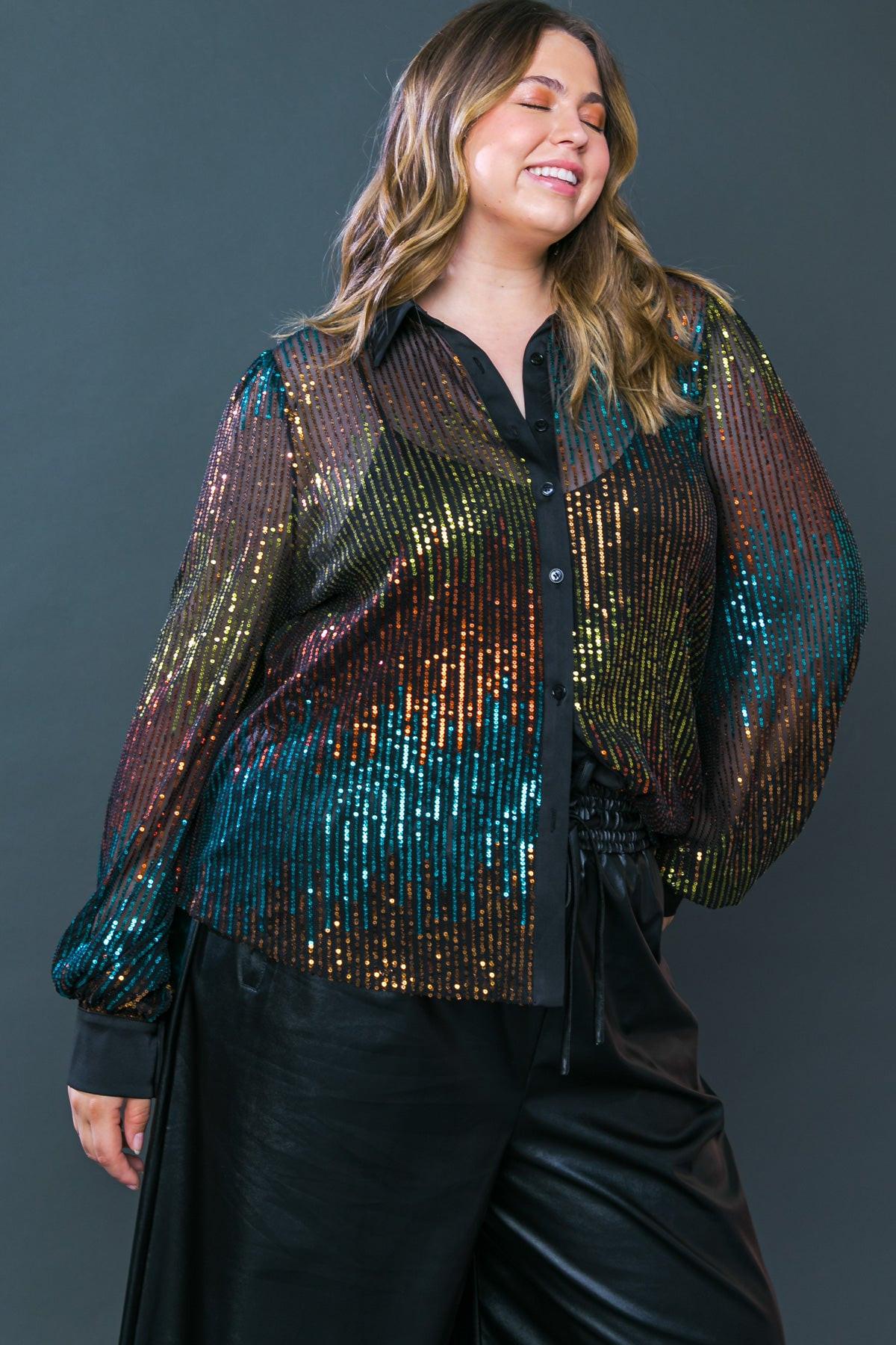 Cause a Commotion Sequin Blouse with Shirt Collar and Button Front