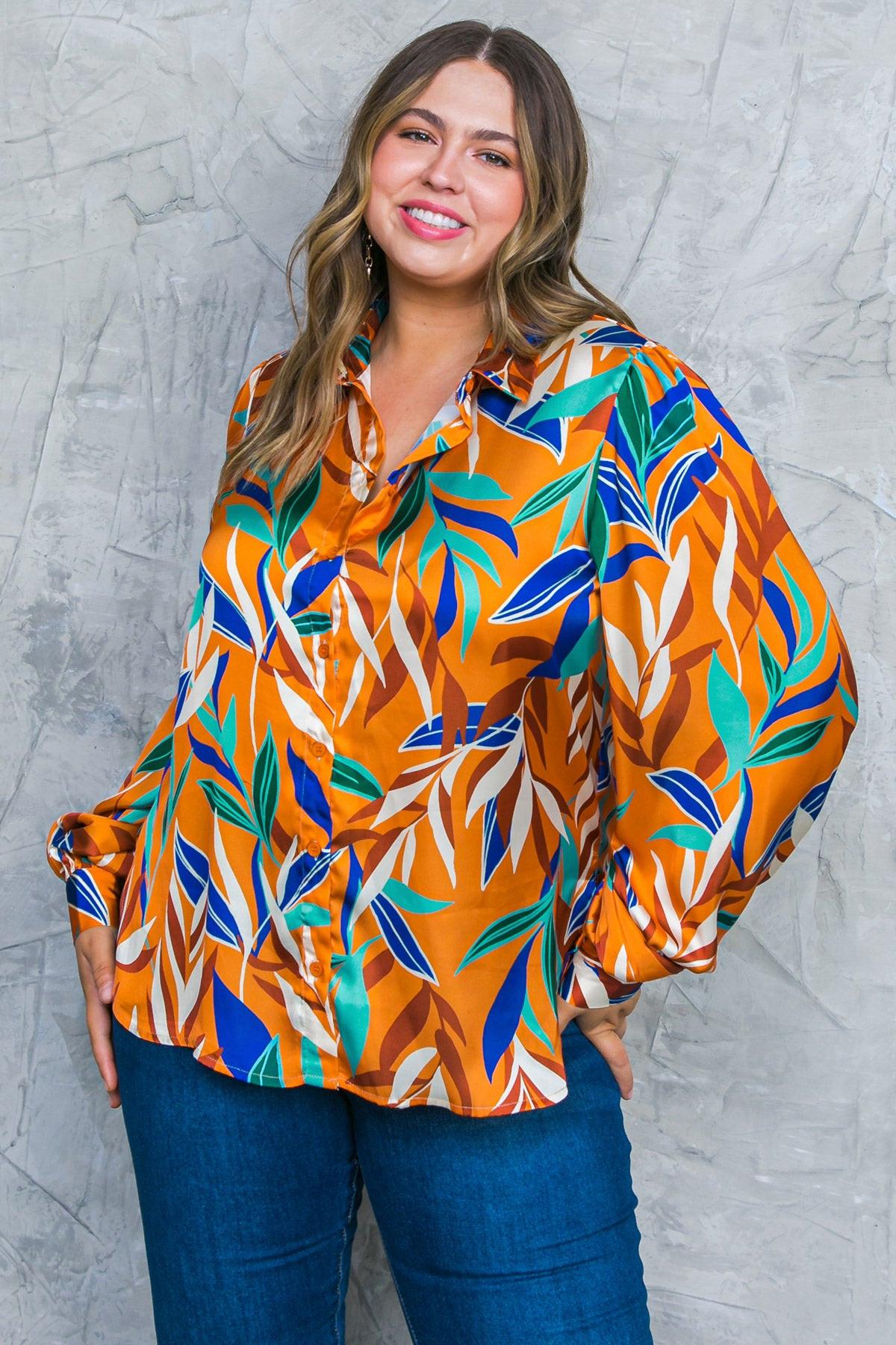 Feels Like Fall Woven Top Printed Button Down Collar Long Sleeves