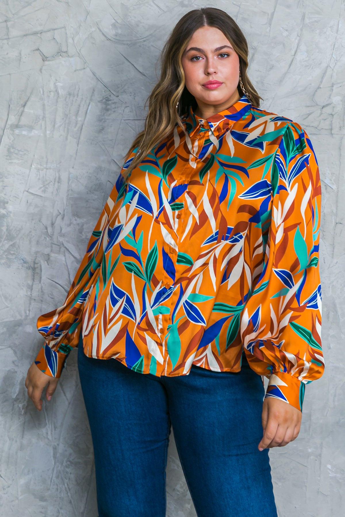 Feels Like Fall Woven Top Printed Button Down Collar Long Sleeves