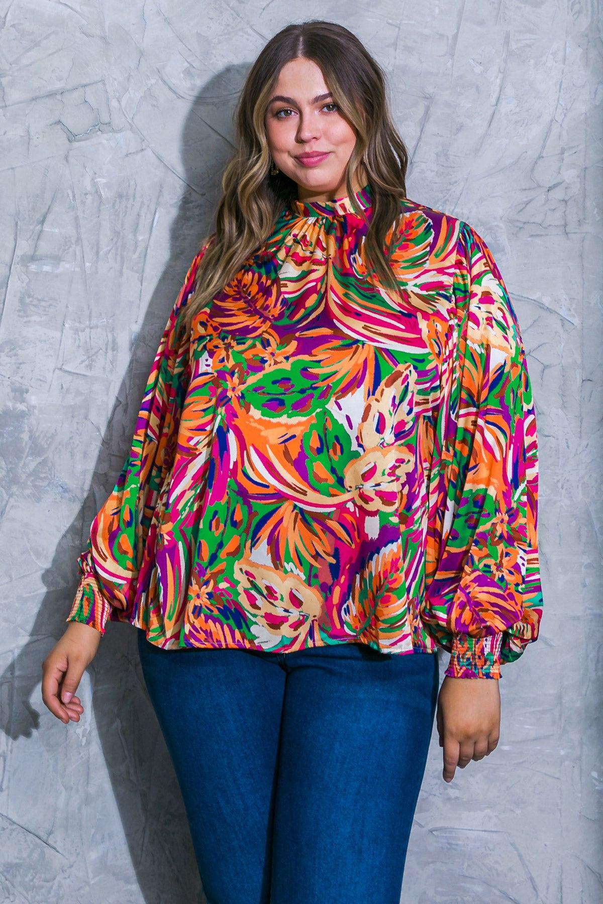 Adoring Devotion Woven Top With High Neck Long Sleeves And Tie Back Print