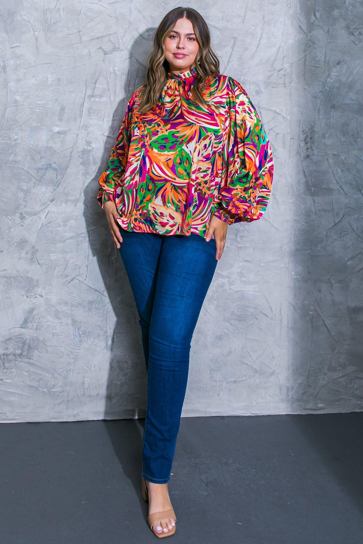 Adoring Devotion Woven Top With High Neck Long Sleeves And Tie Back Print