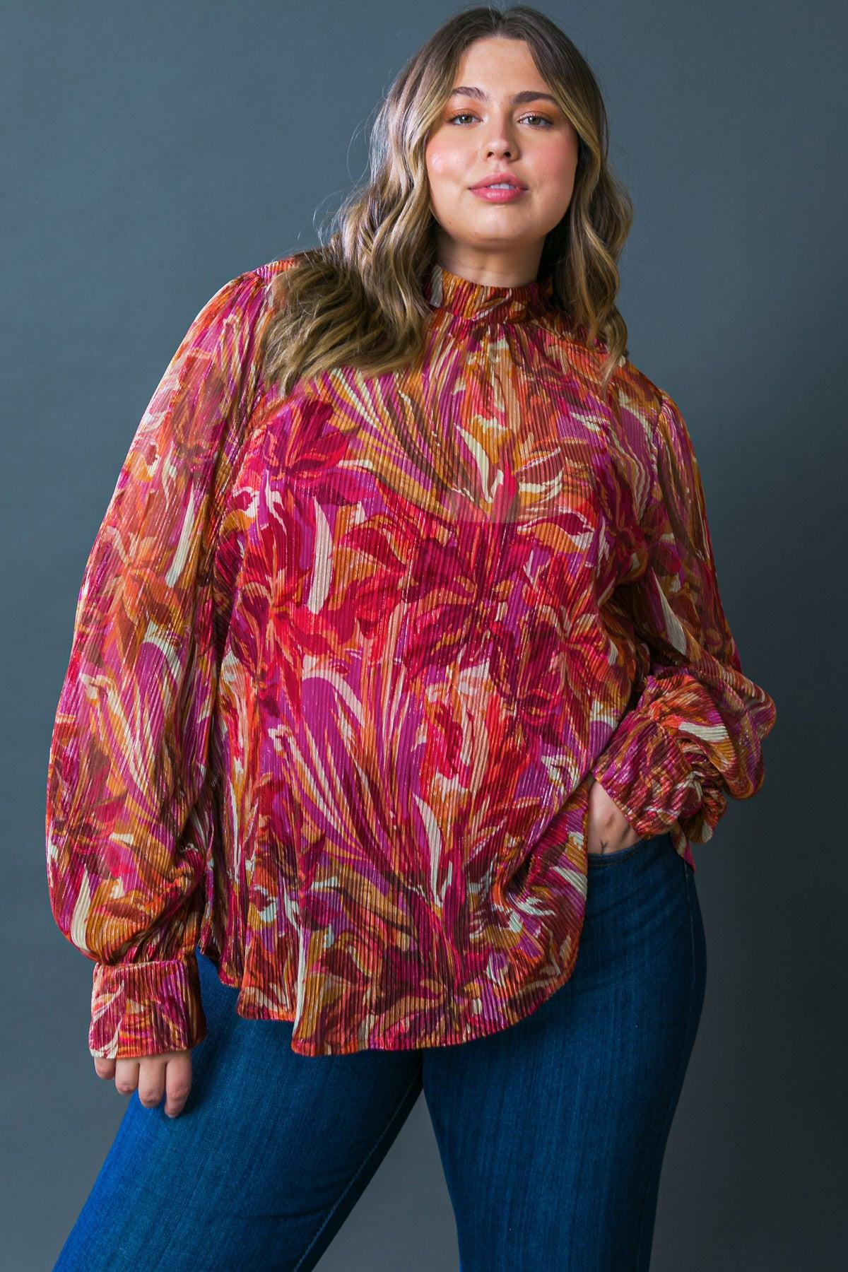 Crushing On You Woven Top High Neck Long Sleeve Cuffs Lightweight Breathable