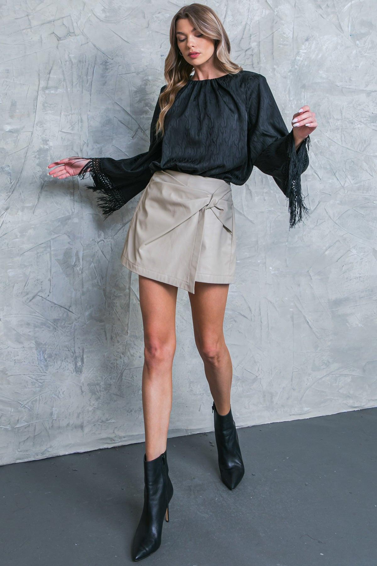 A Step Ahead Faux Leather Skort With Front Twist Detail And Back Zipper