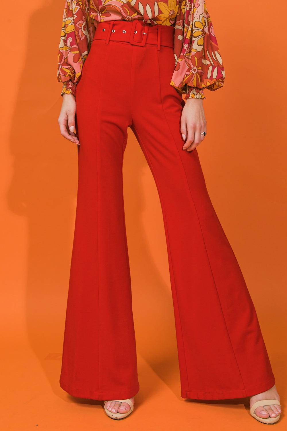 Countdown The Hours Woven Bell Bottom Flared Pants With Self Belt And Pockets