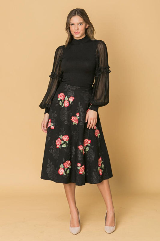 Rose Embroidery Midi Skirt Polyester With Black Rose Brocade Detail