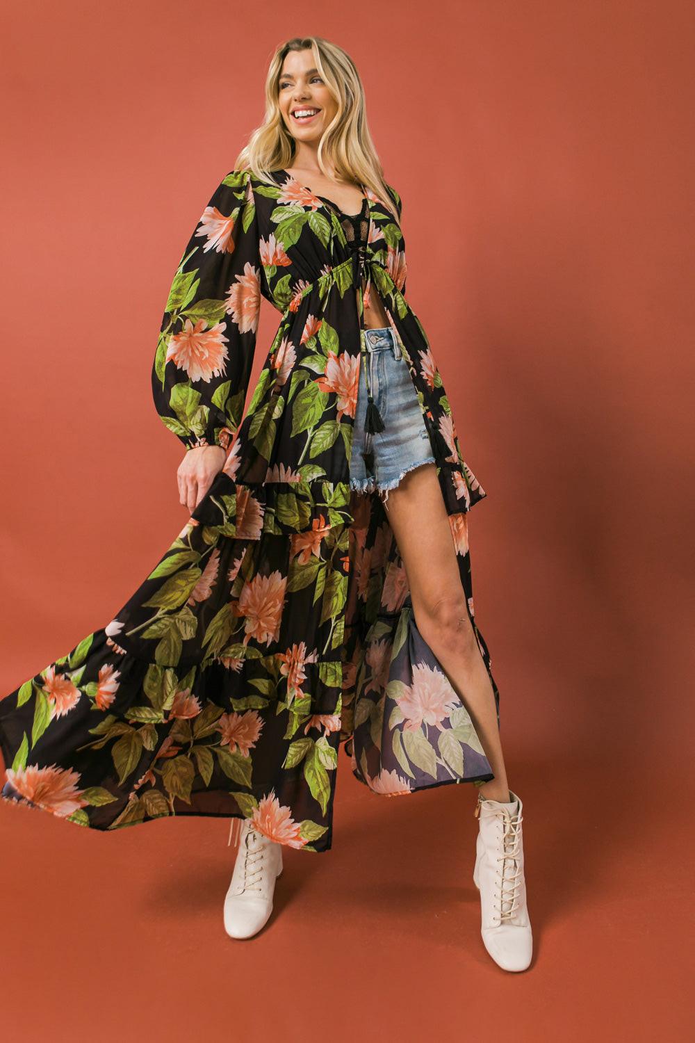 Bein With The Basics Woven Maxi Cover Up Empire Waist Tie Peasant Sleeves