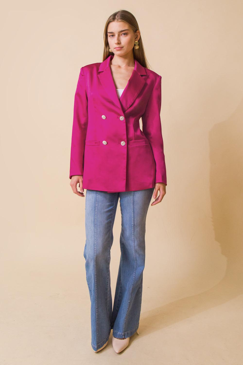 Perfect For Me Satin Blazer With Front Pockets Tailored Fit And Sleeve Buttons