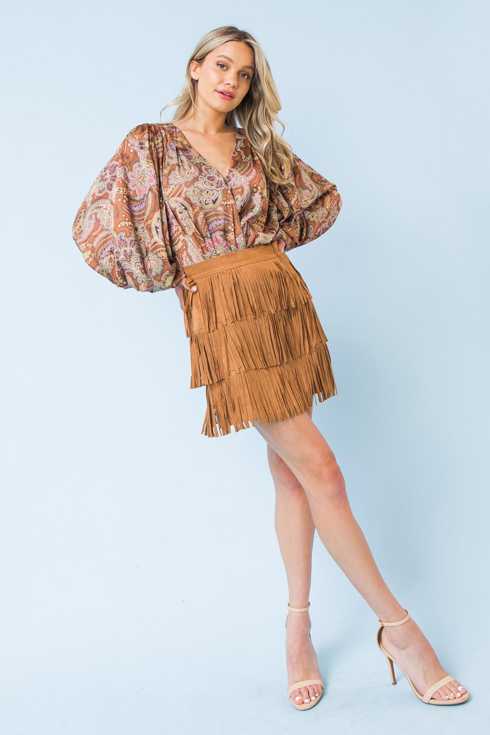 She Deserves A Crown Fringe Mini Skirt With Side Zipper Faux Suede