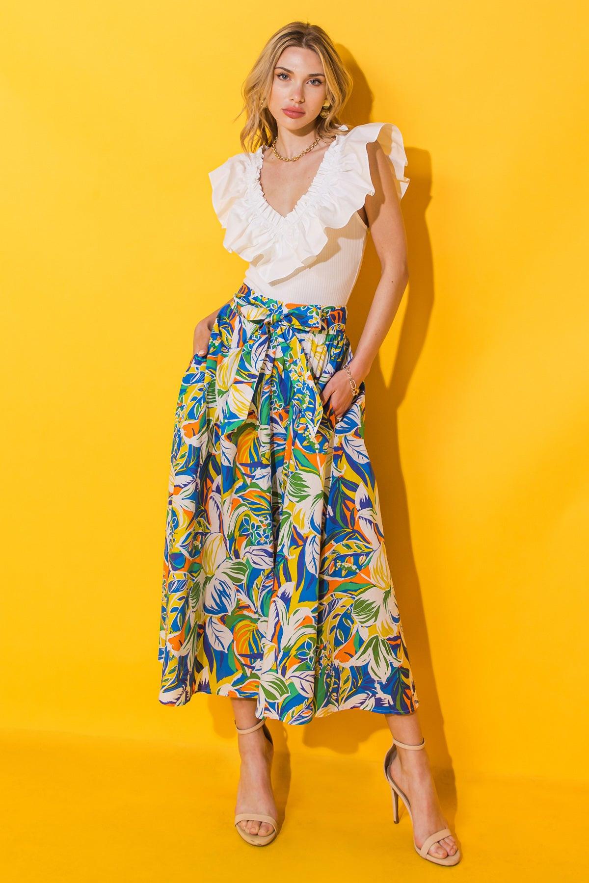 Printed Poplin Full Skirt With Self Tie And Pockets Side Zip Closure
