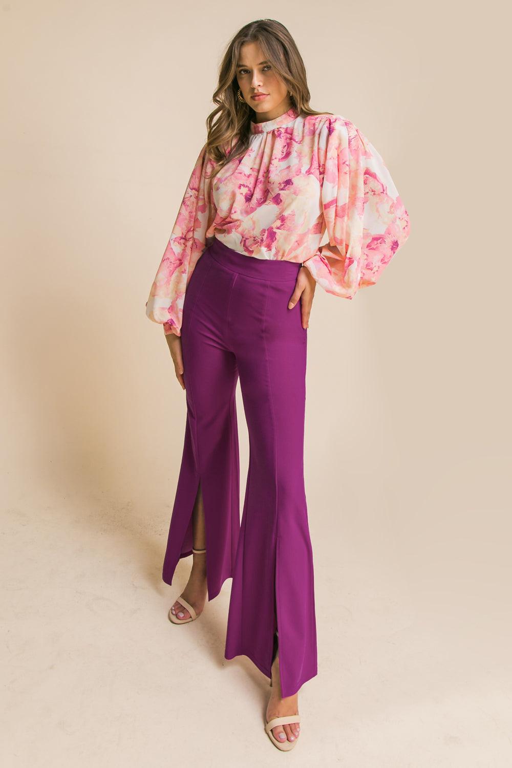 Hey Darling Woven Flare Pants With Center Seam And Slit Bottom