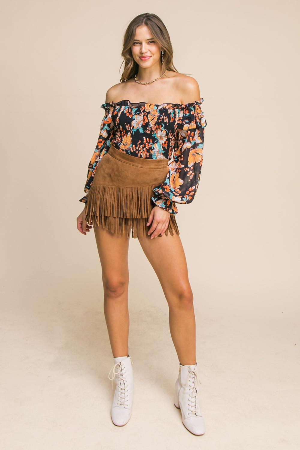 Make Some Plans Faux Suede Skort With Double Fringed Hem And Side Zip