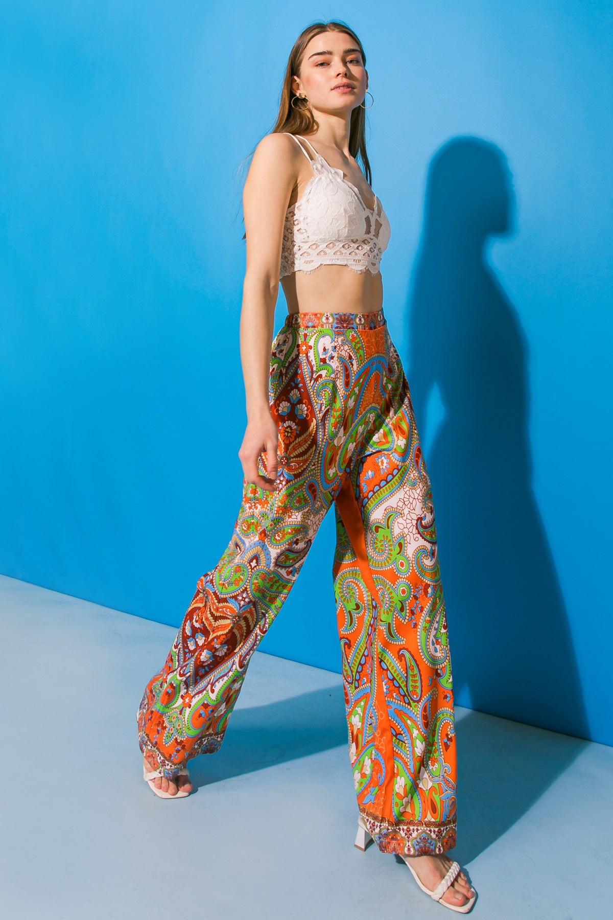 In A Good Place Woven Pants Flat Front Wide Leg Elastic Back Waistband Polyester