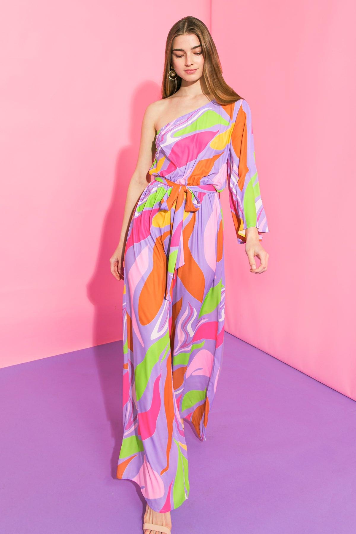 Harmony Woven Jumpsuit One Shoulder Printed Lightweight Self Tie Belt