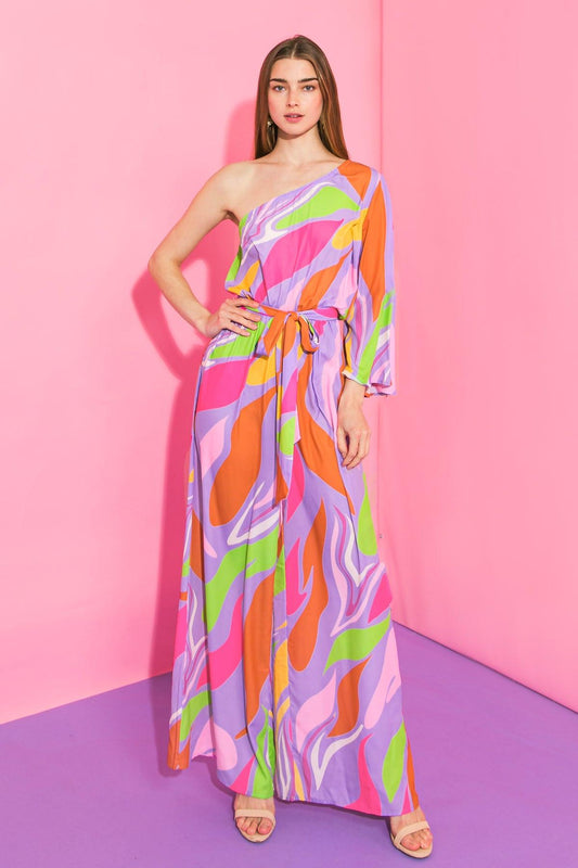 Harmony Woven Jumpsuit One Shoulder Printed Lightweight Self Tie Belt