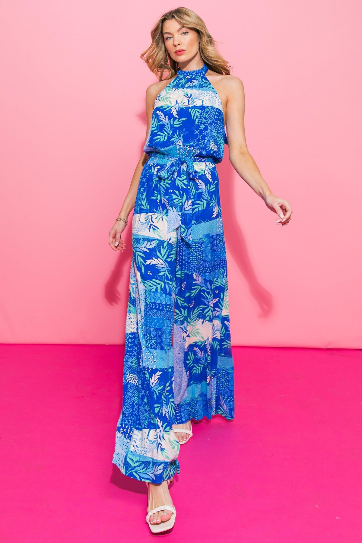 Kiss Me More Printed Woven Jumpsuit With Halter Neckline Bare Back Tie