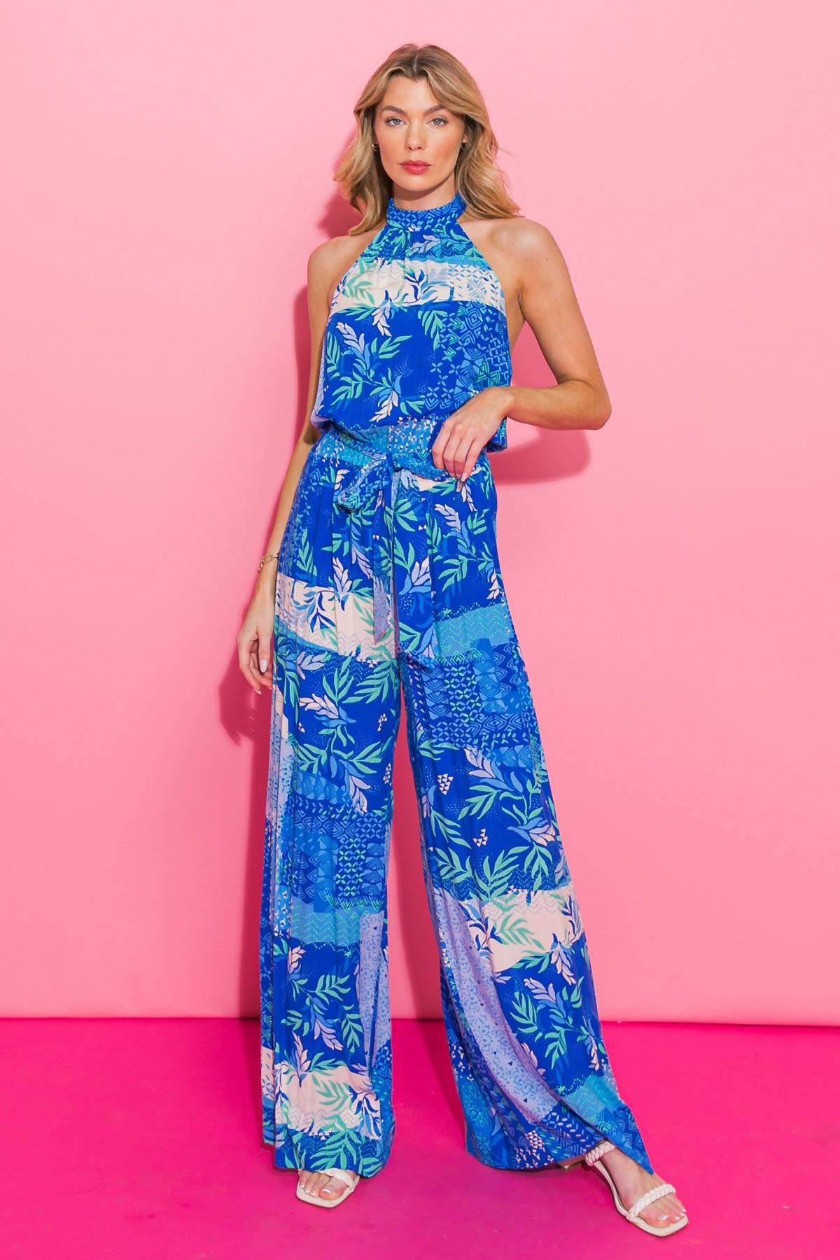Kiss Me More Printed Woven Jumpsuit With Halter Neckline Bare Back Tie