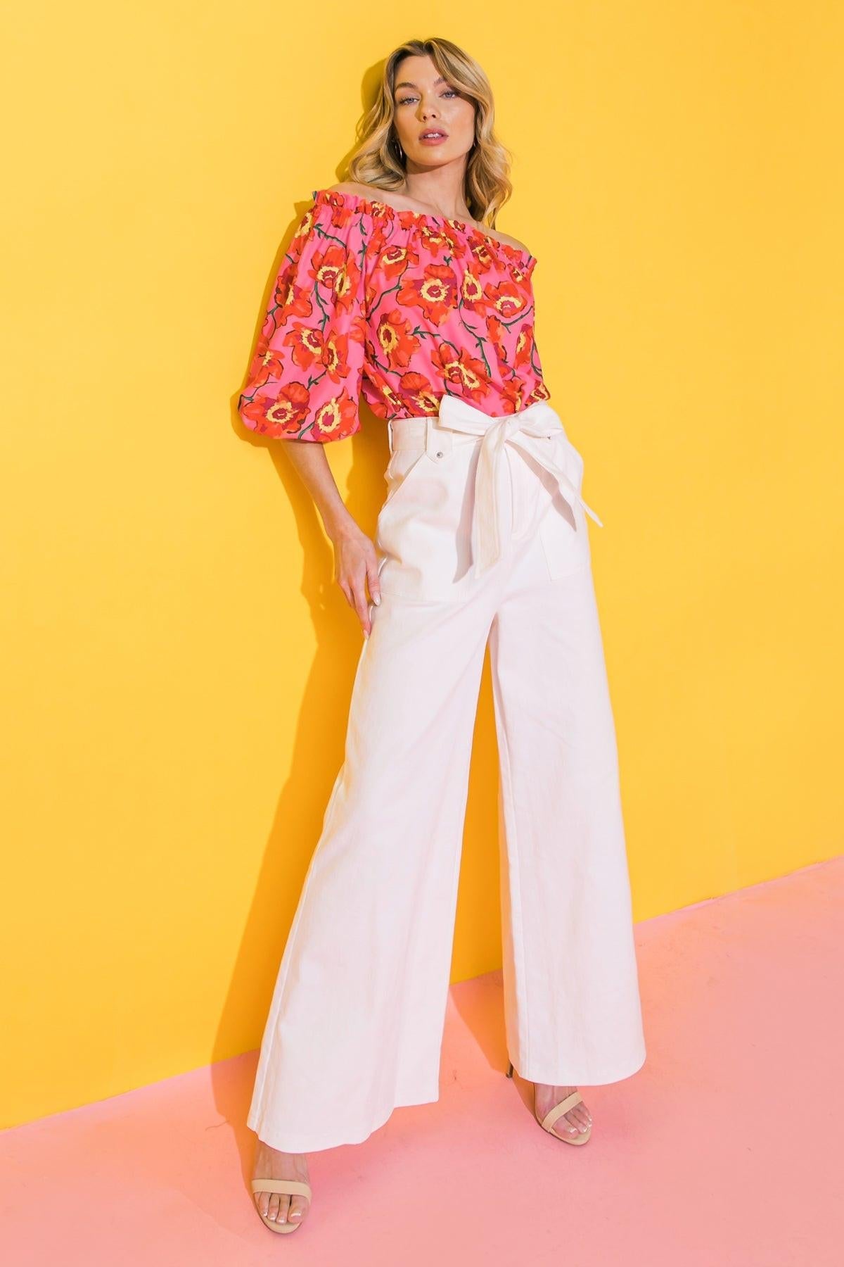 Just Say Yes Cotton Twill Pants With Self Tie Belt And Wide Leg