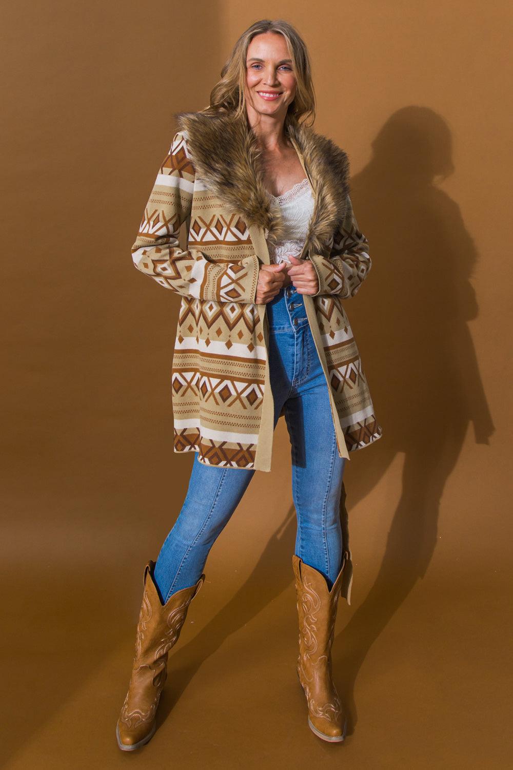 Warm Weather Sweater Cardigan With Detachable Faux Fur Collar