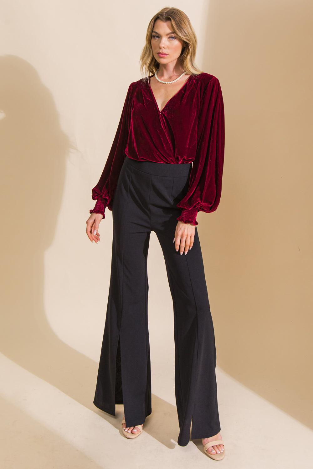 Like No Other Velvet Bodysuit With Surplice Neckline Mesh Bottom Snap Closure