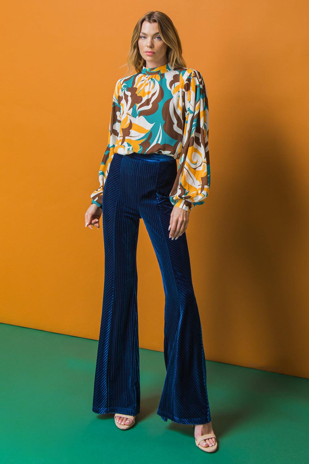 Dream On Printed Woven Top With Mock Neck And Exaggerated Sleeves