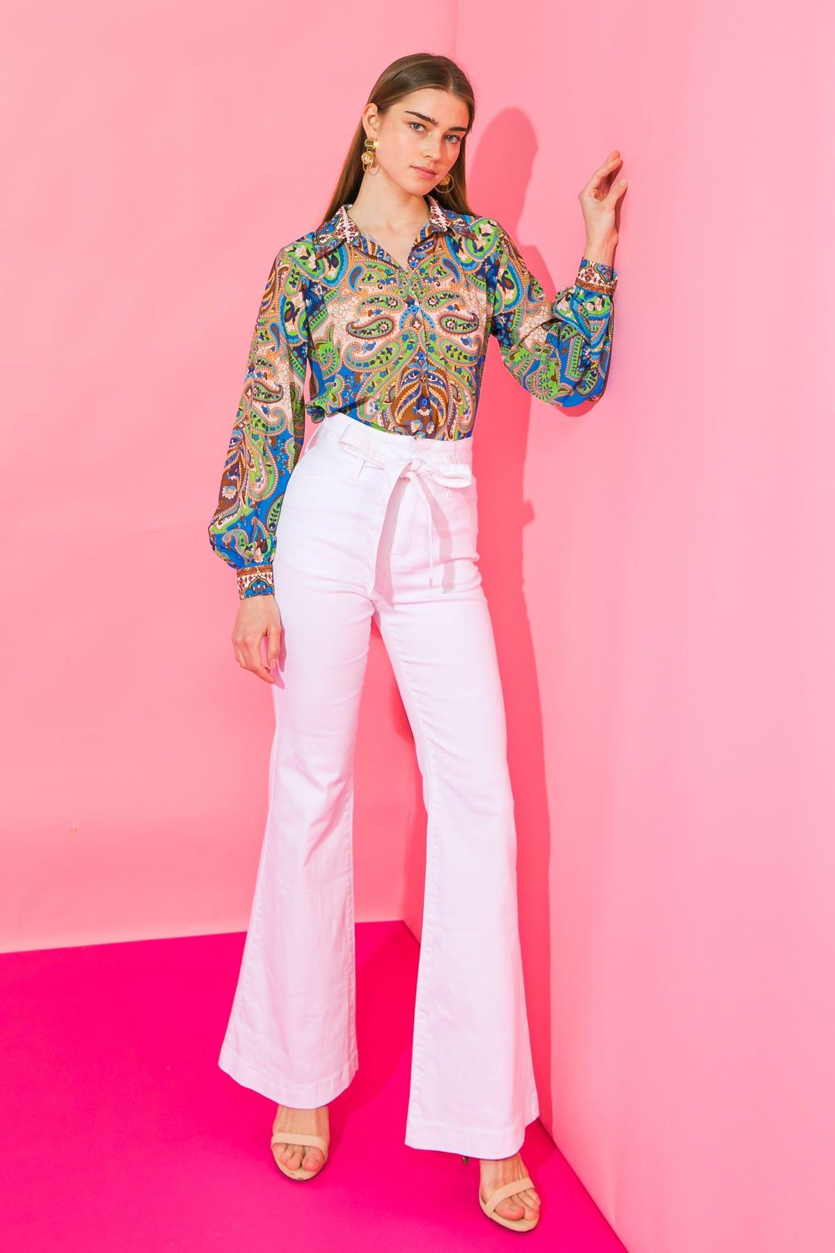 In A Good Place Woven Top Long Sleeve Shirt Collar Button Front Office Wear