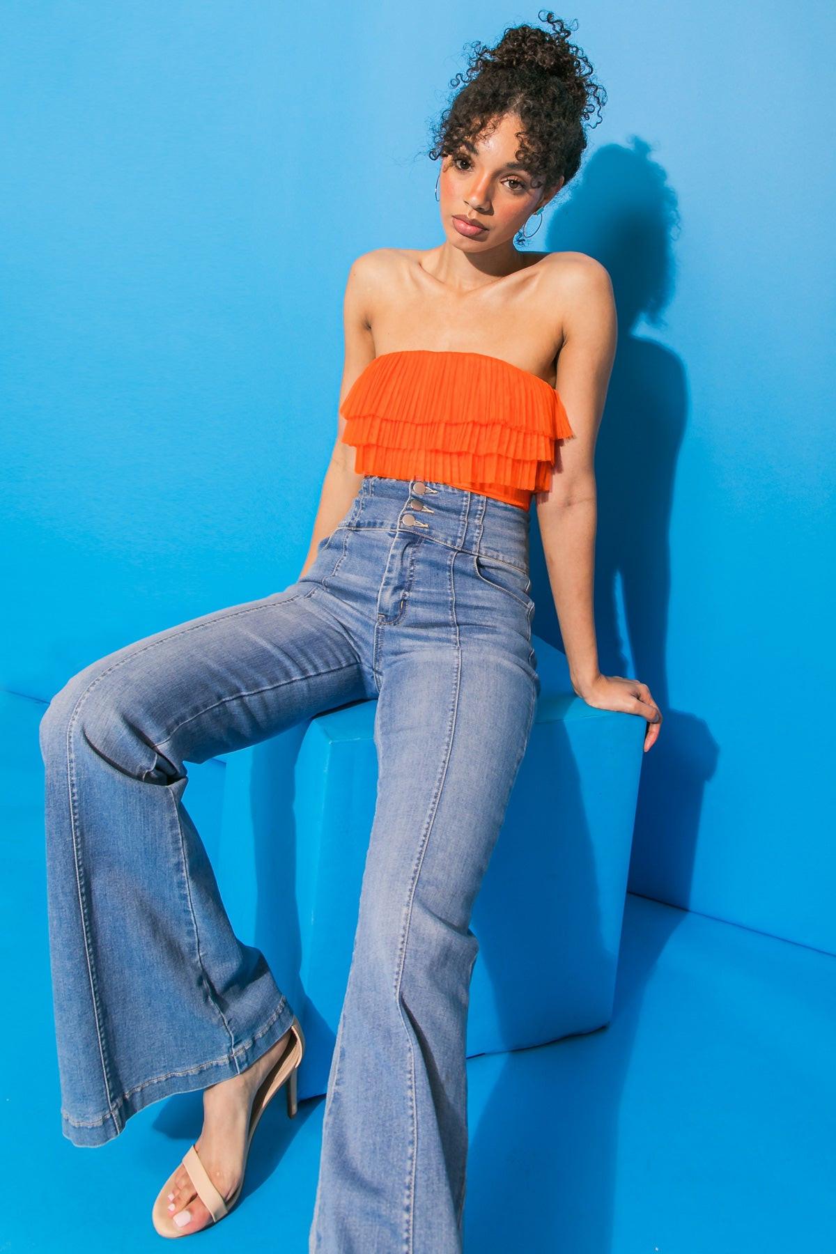 Take Me Now Knit Bodysuit With Contrasting Triple Flounce And Snap Closure