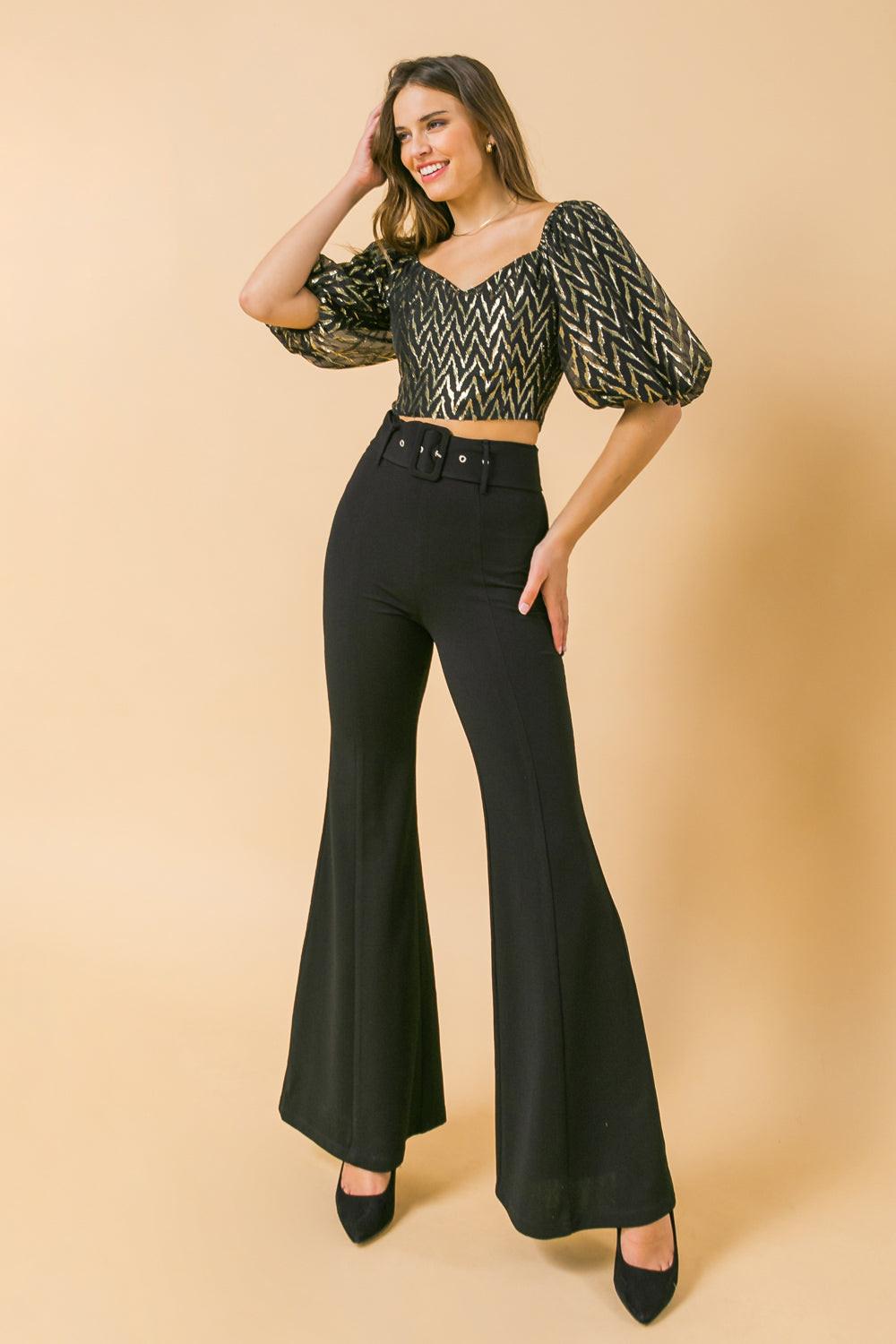Countdown The Hours Woven Bell Bottom Flared Pants With Self Belt And Pockets