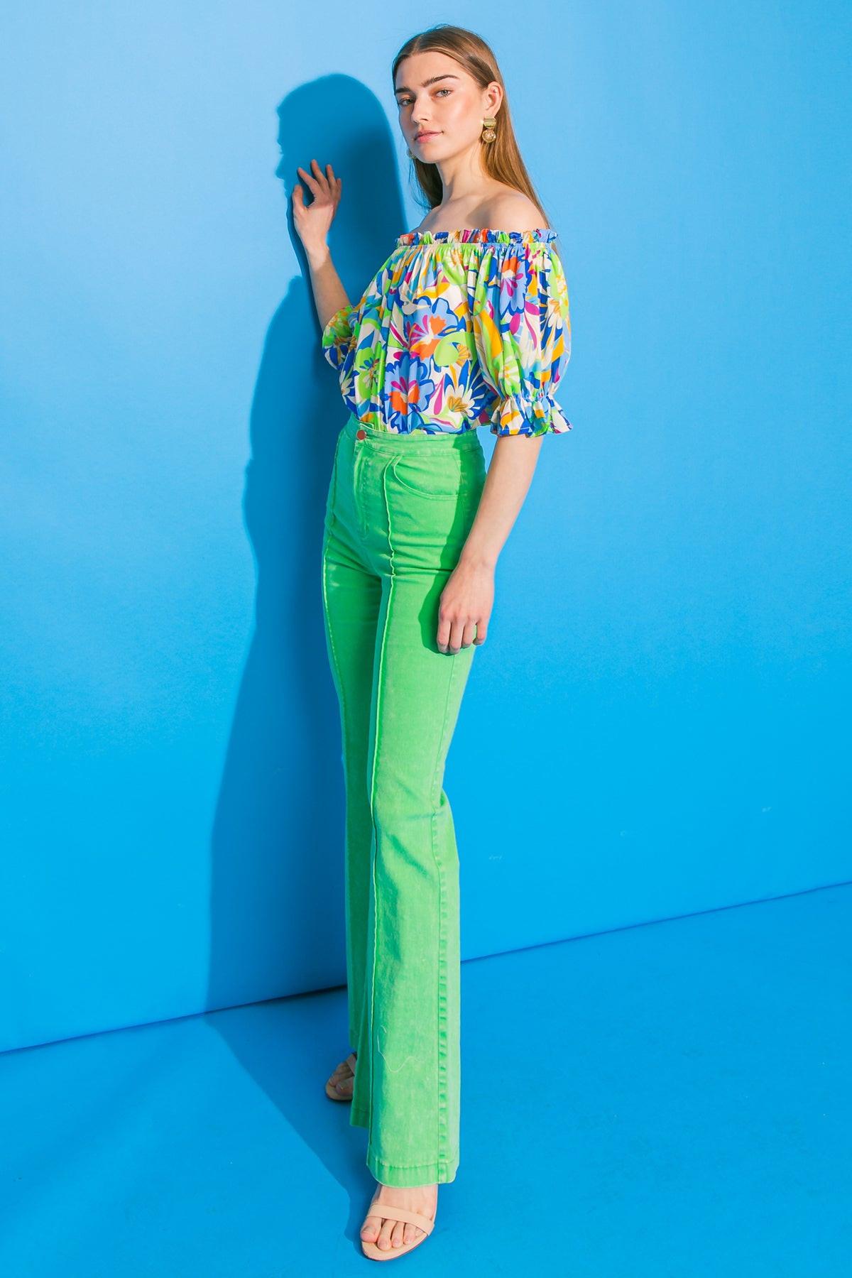 Last Photograph Printed Off Shoulder Woven Top With Ruffle Edge