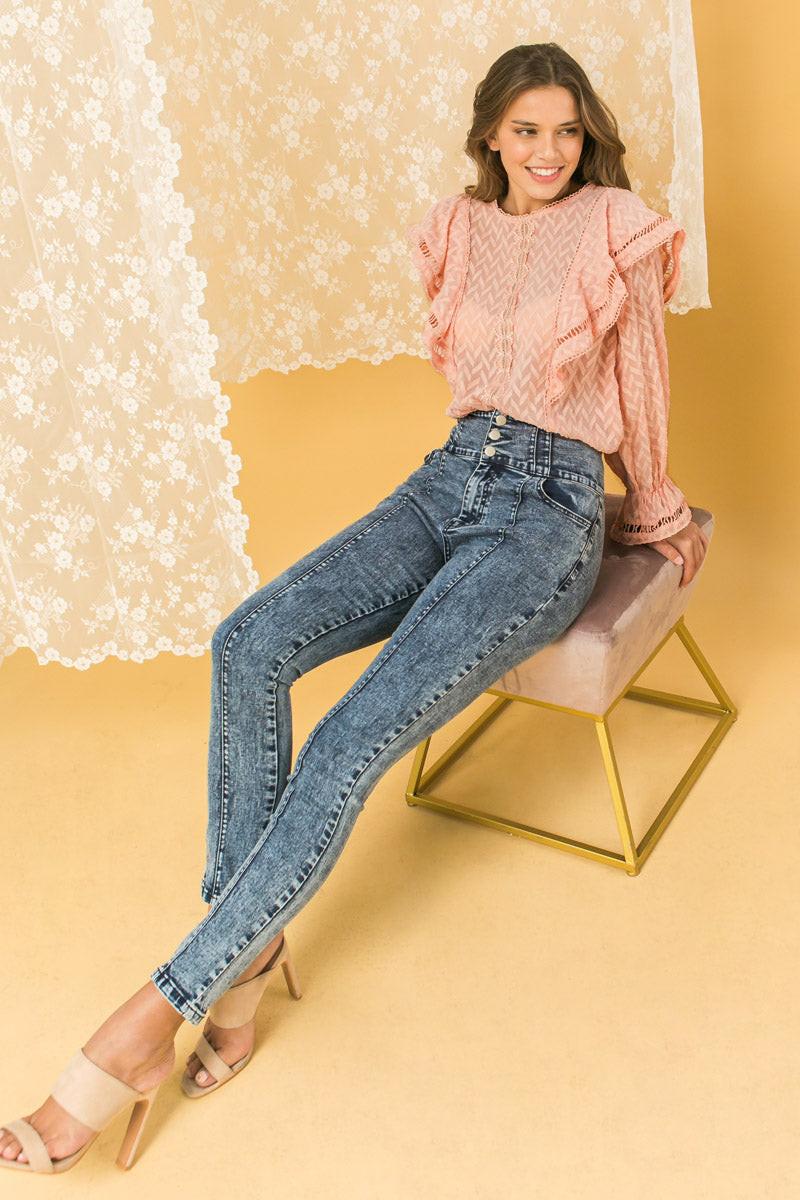 Semi Sheer Embroidered Chevron Peasant Top With Ruffle Trim And Bishop Sleeves